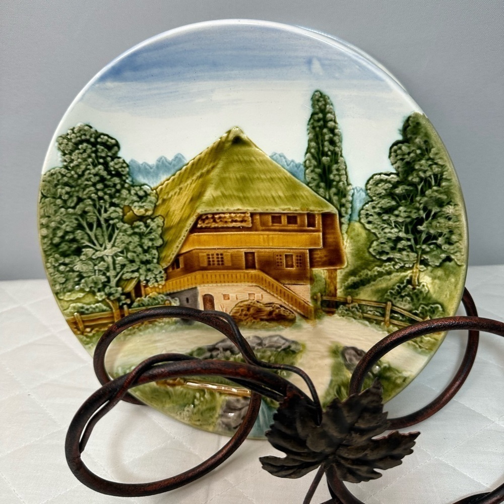 West German Majolica Set Of 2 Decorative Plates Chalet Farmhouse 3D Vintage 2556